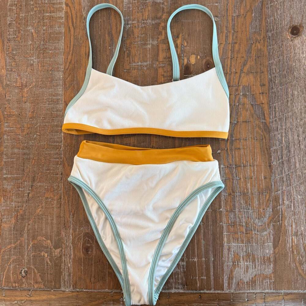 L*SPACE Ringo Top and High Waist Bottom Ribbed Colorblock Bikini Set, Size XS